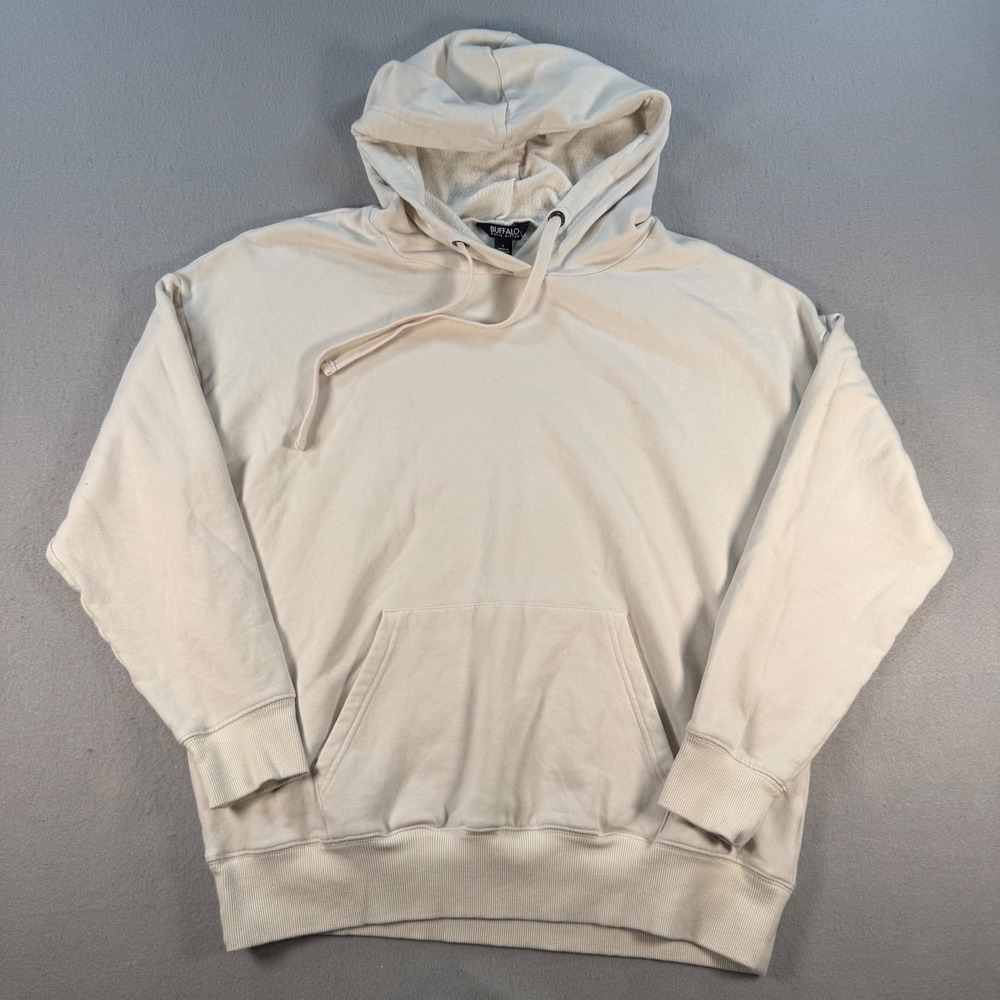 VTG Buffalo David Bitton Mens Large Cream Off White Pullover Hoodie Fleece Lined